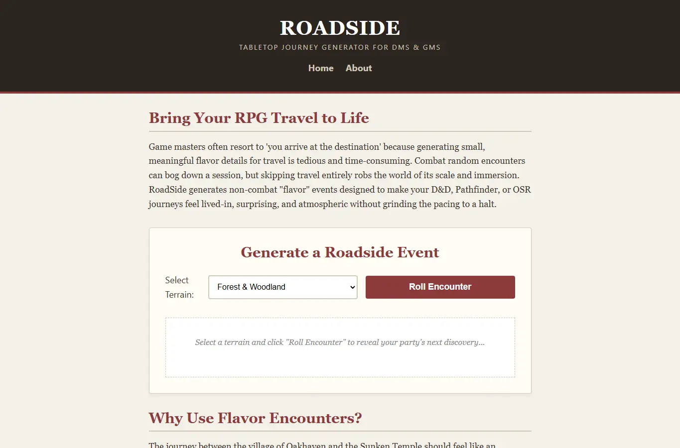 Screenshot of RoadSide: Tabletop Journey Generator interface showing the project page in use